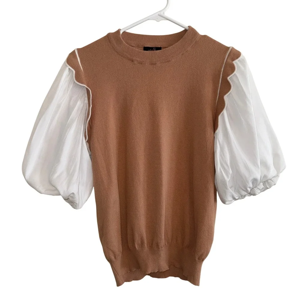 Ontwelfth Women's XL Camel Knit Top White Balloon Sleeves Ruffle Trim